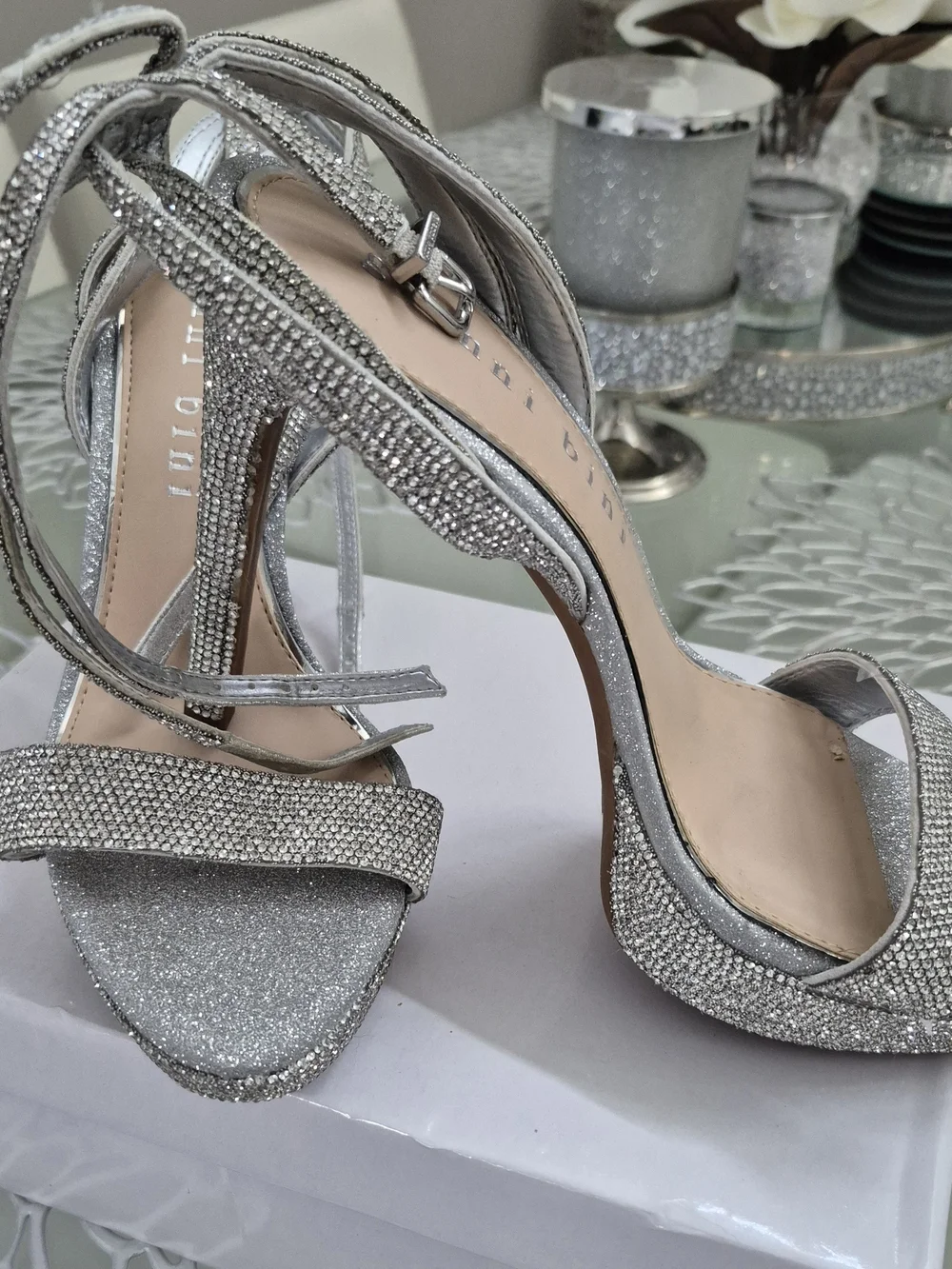 Gianni Bini Silver Crystal Ankle-Strap High Heels
